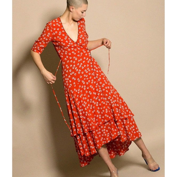 Ganni Dress Red Orange Wrap Dress Maxi Dress US size 2/4 - Picture 3 of 7